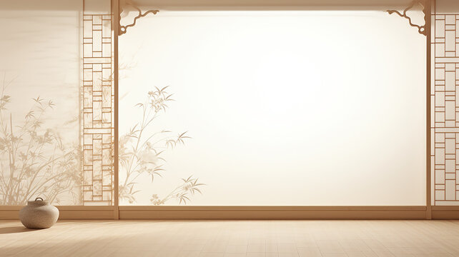 A screen in an oriental interior in daylight, a background postcard with branches of trees in an Asian style