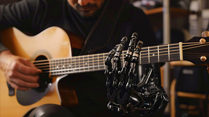 Obraz premium .A man with a bionic prosthetic arm plays an acoustic guitar