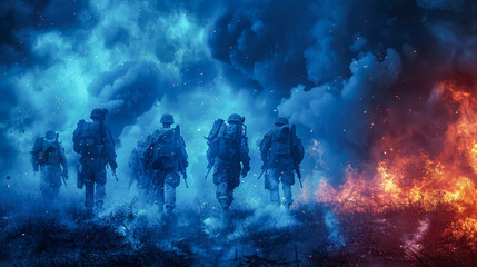 Fototapeta na wymiar Silhouette of a group of soldiers on a background of red and blue smoke
