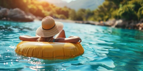 Summer vacation woman in hat floats on an inflatable donut mattress. Happy woman relaxing and enjoying family summer travel holidays travel - obrazy, fototapety, plakaty