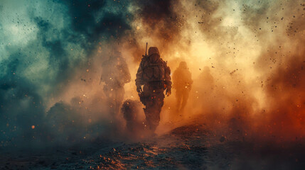 Fototapeta premium Silhouette of a group of soldiers on a background of red and blue smoke