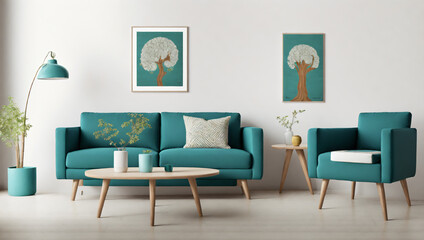 Modern living room interior design, minimalist style, blue sofa and coffee table, on the white wall there is a poster