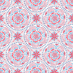 Seamless abstract pattern. Folk watercolor ornament. The texture is created with pastel. Cute print for textiles. Blue and pink colors on white.