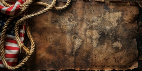 American flag and compass on treasure map on the table for Colombus Day