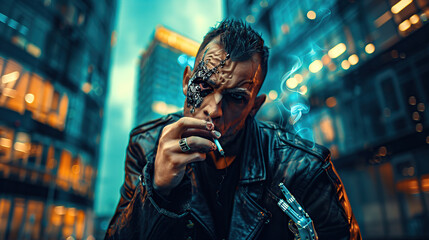 a young man in the cyberpunk style with prosthetics of individual parts of his face smokes a cigarette on the street of a night city. - obrazy, fototapety, plakaty