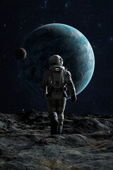Alone astronaut cosmonaut confronts the vastness of space.  Massive planet and satellite in view. 3d render