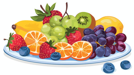 Various fruits on a plate. Vector illustration on white