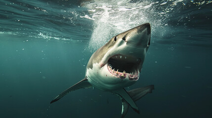 The shark swims underwater with its mouth open