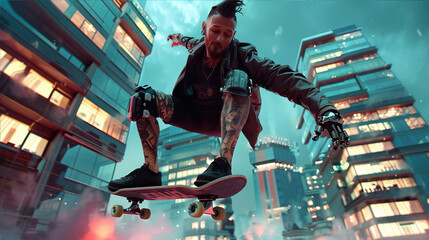 a man with bionic prostheses and dressed in cyberpunk style jumps on a skateboard in the city at night