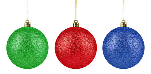 Bright Christmas ball hanging on white background, collection