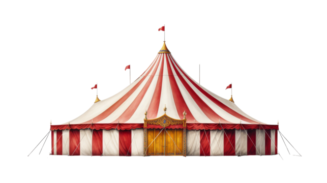 A massive circus tent stands tall, adorned with vibrant red and white stripes, ready to host an unforgettable show