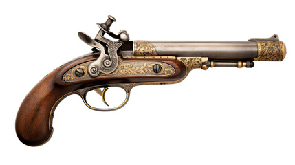 An aged gun sits solemnly against a stark white backdrop, showcasing its history and intricate details