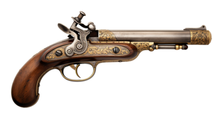 An aged gun sits solemnly against a stark white backdrop, showcasing its history and intricate details