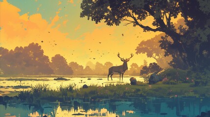 landscape of deer in the wildlife morning