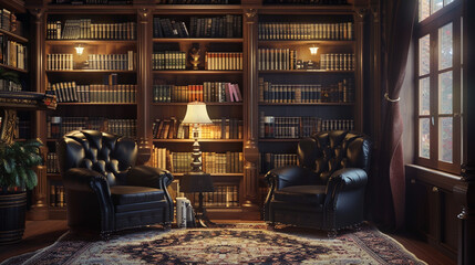 A serene reading nook nestled in a corner of the room, adorned with plush black armchairs and shelves filled with books, providing the perfect escape for literary enthusiasts. 8K. - obrazy, fototapety, plakaty