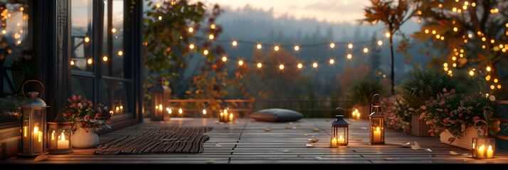 View over cozy outdoor terrace with outdoor string lights. generative ai 
