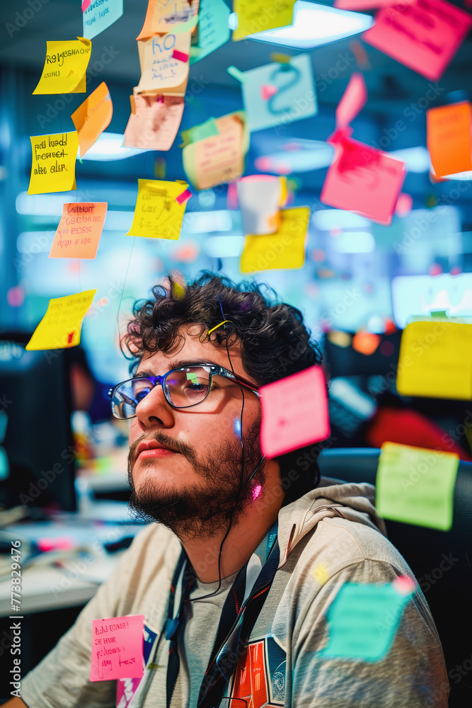 Poster man with glasses surrounded by colorful sticky notes, working at a desk with computer monitors, imme