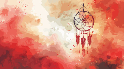 Watercolor painted dream catcher on red sky background - obrazy, fototapety, plakaty