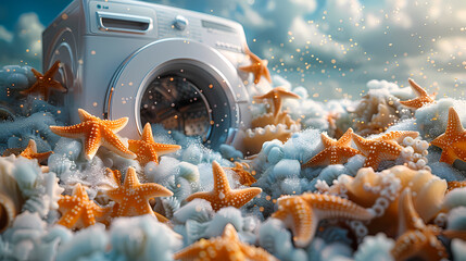 A quirky scene with starfish tumbling in a washing machine drum, surrounded by soap bubbles and a burst of water