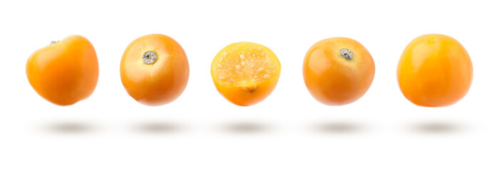 Ripe orange physalis fruits flying on white background, set