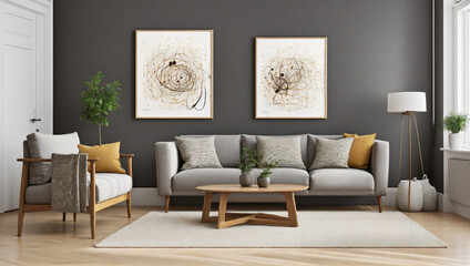 Round wooden coffee table on the beige carpet near a sofa, a room designed in modern style, abstract art poster on the wall