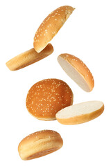 Fresh burger buns falling on white background