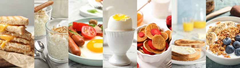 Assortment of tasty breakfasts. Collage with different meals