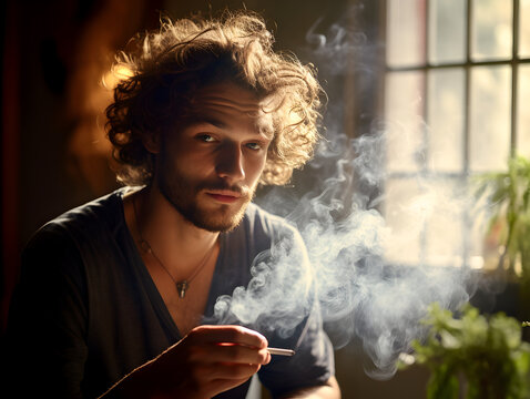 Close up portrait of a young man smoking cannabis joint at home