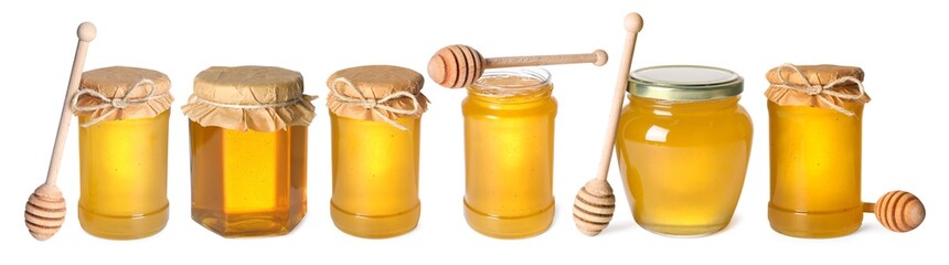 Natural honey in glass jars and dippers isolated on white, set