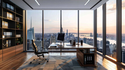 Fototapeta na wymiar A sleek, minimalist workspace with large windows overlooking a bustling cityscape. 8K