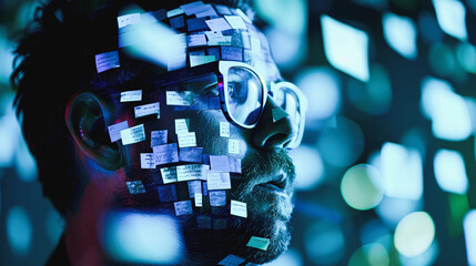 Man with glasses, face covered in post-it notes, digital screens in background, concept for information overload or data management challenges.