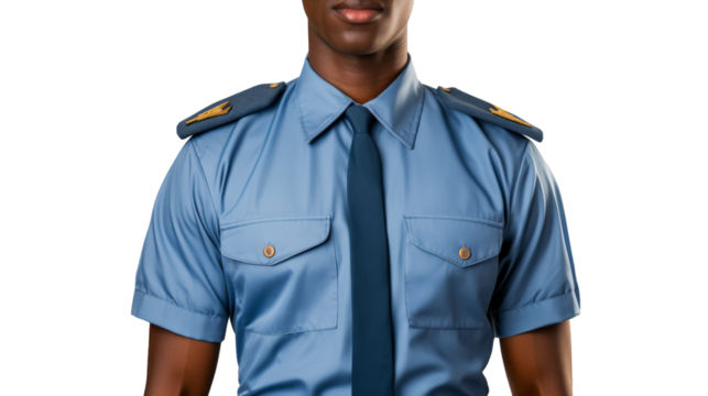 A man confidently wearing a blue uniform and a tie