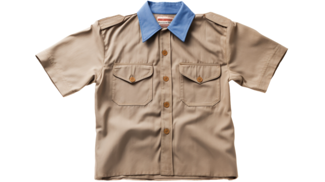 A tan shirt with a vibrant blue collar, contrasting colors creating a striking visual impact