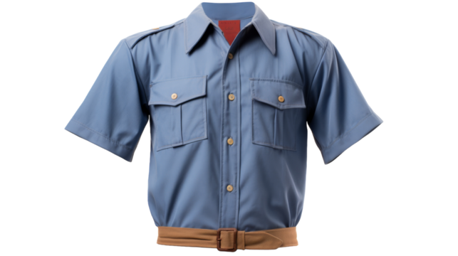 A stylish blue shirt is paired with a contrasting brown belt around the waist