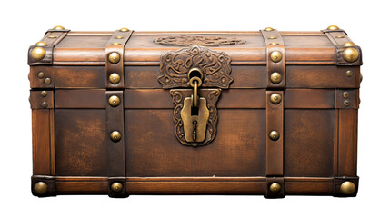 A large wooden trunk with a secure lock on it