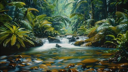 The river flowing across dense green tropical forest. Generative AI.