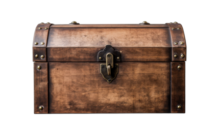 A weathered wooden trunk with a sturdy metal latch, holding untold treasures and mysterious relics