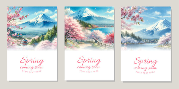 Watercolor illustration background of Mount Fuji and cherry blossoms in full bloom