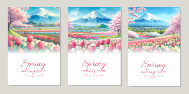 Watercolor illustration background of Mount Fuji, cherry blossoms in full bloom, and a tulip field
