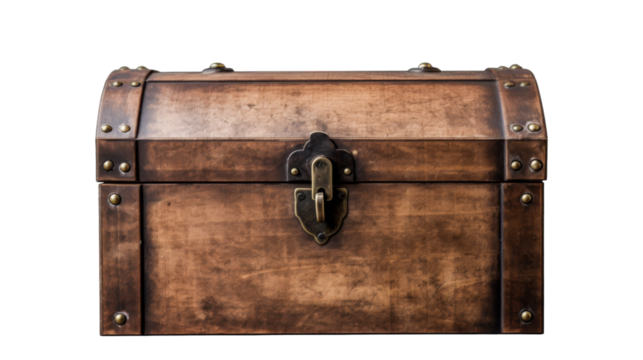 A weathered wooden trunk with a sturdy metal latch, holding untold treasures and mysterious relics