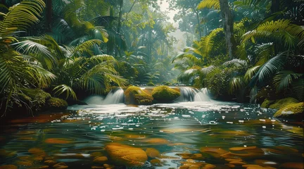 Zelfklevend Fotobehang The river flowing across dense green tropical forest. Generative AI. © visoot