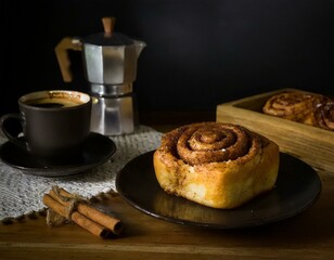 Cinnamon toast bun with coffee and in low light