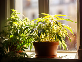 Fototapeta premium A green cannabis marijuana plant growing in pot at home, blurry background 