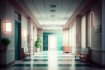 Hospital corridor, evening time without people. 