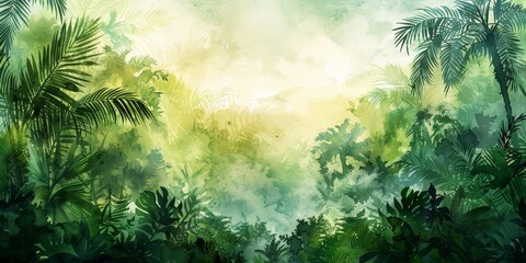 Fototapeta na wymiar Lush jungle landscape in watercolor style, Generative AI