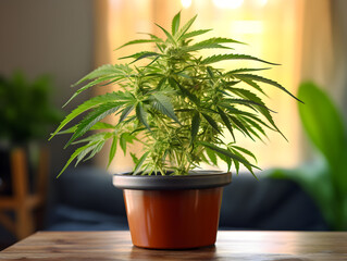 A green cannabis marijuana plant growing in pot at home, blurry background 
