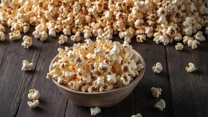 Popcorn in a wooden bowl on the table. - obrazy, fototapety, plakaty