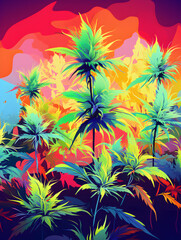 Bright and colorful illustration of cannabis marijuana plants - obrazy, fototapety, plakaty