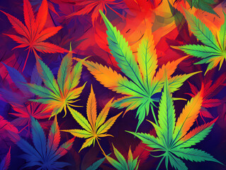 Abstract colorful background with cannabis marijuana plant leaves  - obrazy, fototapety, plakaty