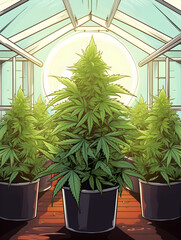 Illustration of green cannabis marijuana plants in green house, growing cannabis for medicine concept 